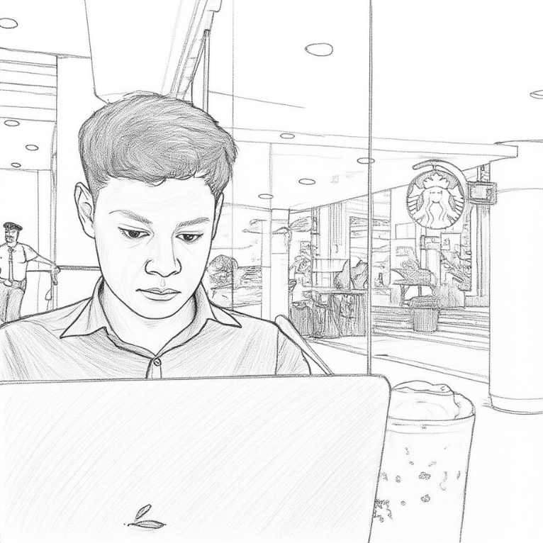 Sketch of Marjon working at a laptop