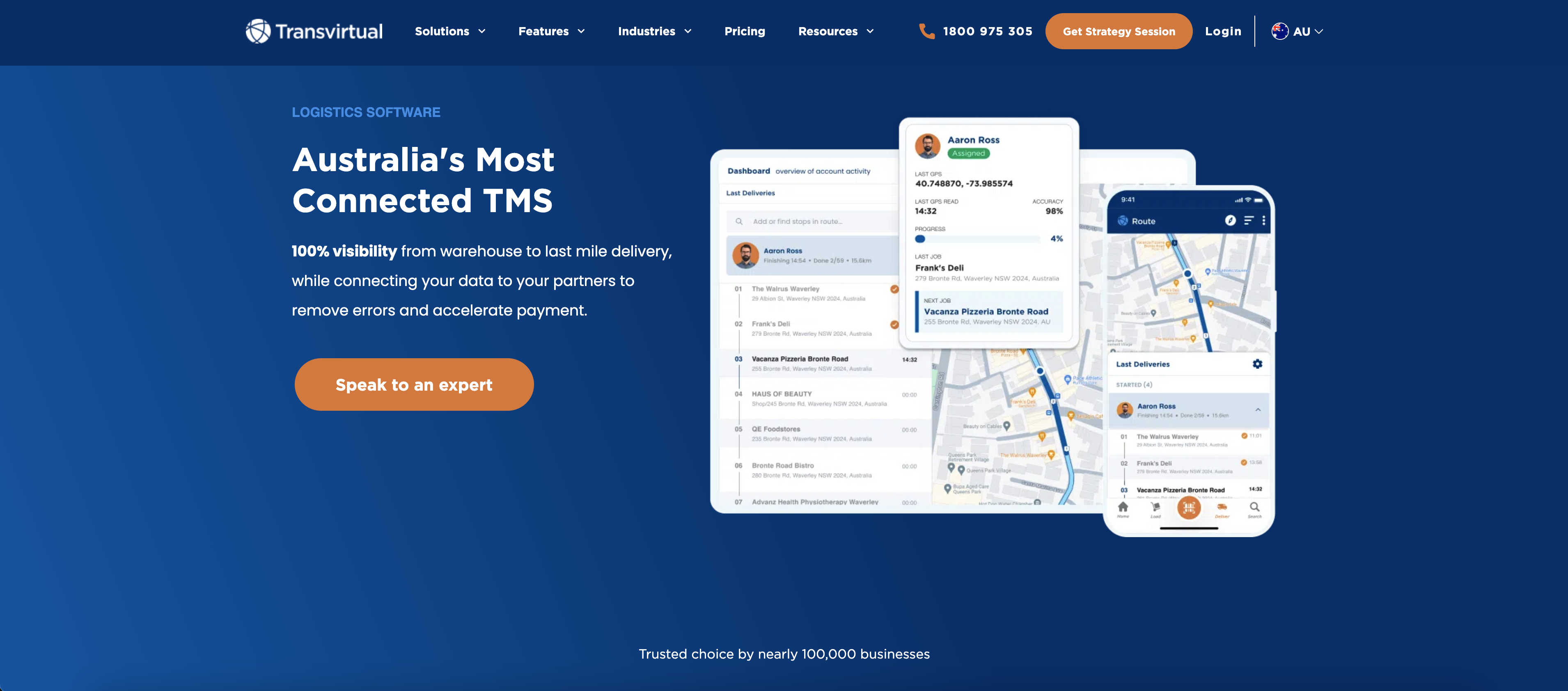 Transvirtual Transport Management System showing delivery tracking map and logistics dashboard
